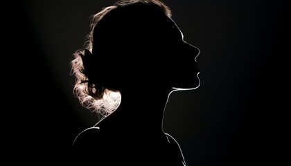 a silhouette of a female head with shoulders, nose up, hair tied in a plait