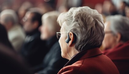 an old woman listening in ear headphones in a crowd of people that can be seen out of focus, copy space