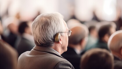 an old man with hearing aid and glasses from behind, sitting in a crowd of listeners, copy space