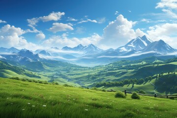 Fototapeta na wymiar a beautiful mountain vista over beautiful green grass and sun