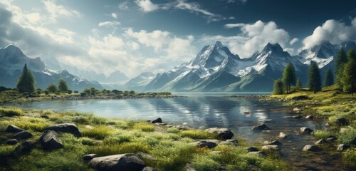 Obraz premium a beautiful scene with a lake and mountains