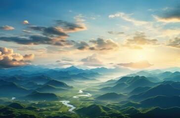 Fototapeta premium a beautiful view of mountains and sunlight at sunset