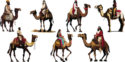 Conjunto de jinetes beduinos del desierto montados sobre camello 01