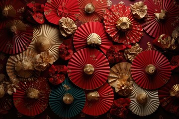 a collection of paper fans arranged in a pattern