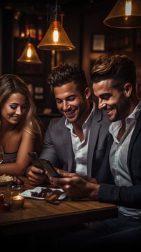 A Group Of Friends Sitting On A Couch, Using Their Phones To Split A Bill For Dinner At A Restaurant