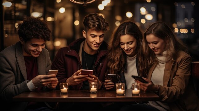 A Group Of Friends Sitting On A Couch, Using Their Phones To Split A Bill For Dinner At A Restaurant