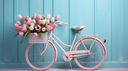 Fototapeta na wymiar a pink bicycle with basket of tulips in front of blue wall