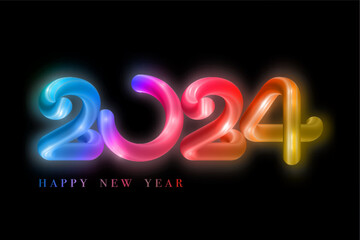 Happy new year 2024 banner colored glow neon tube. Happy Holiday Glowing Festive Luminous numbers in multicolored Design, vector illustration isolated on a black background 