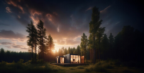 modular container house with glazing in the forest, secluded compact house. - obrazy, fototapety, plakaty