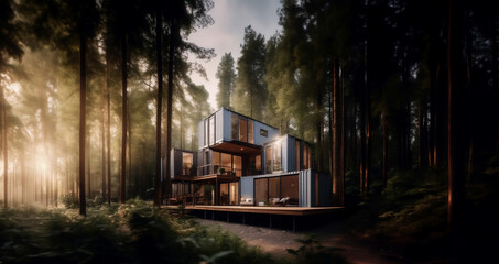 modular container house with glazing in the forest, secluded compact house.