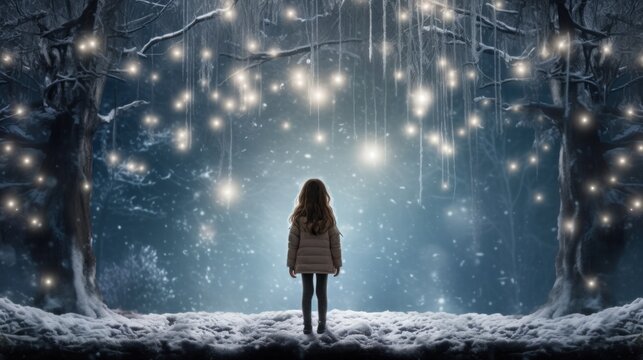 A person standing in a snowy forest with lights