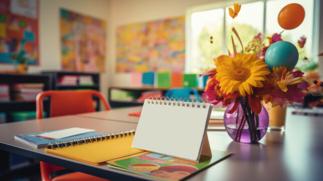 A desk with a calendar and flowers in a vase