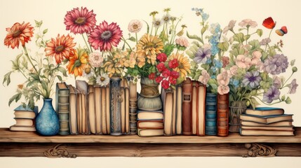 A painting of books and flowers on a shelf