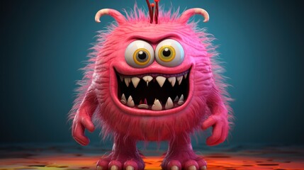 A pink furry monster standing on a colorful surface