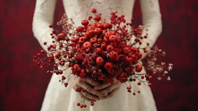A woman in a white dress holding a bouquet of red berries