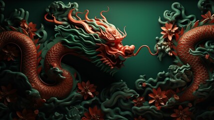 Fototapeta premium Happy Chinese new year card.Chinese green dragon on green background