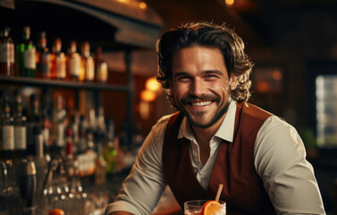 Cordial Bar Host: Behind the bar counter, a welcoming male bartender with an amiable smile, setting the tone for a convivial and enjoyable evening