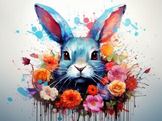 a watercolor illustration of a rabbit with colored splatters on it