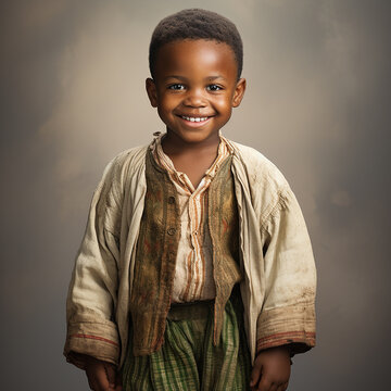 Little African Ethnic Boy In Vintage Retro South African National Clothes, Portrait, Close-up On White