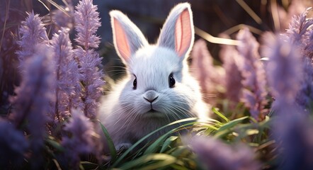 a white bunny behind a pile of grass