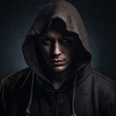 Villain, gloomy angry man in a black hood, black clothes on black, portrait, close-up