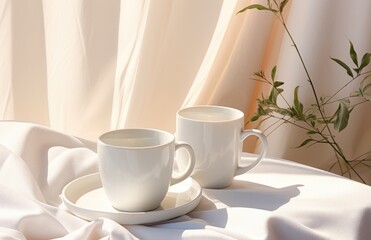a white cup, book and saucer sitting on a bed