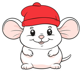 Little chubby white Mouse in a red hat