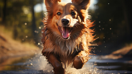 Energetic dog in action, running with a joyful smile along the shore, embracing the beauty of nature's tranquil surroundings