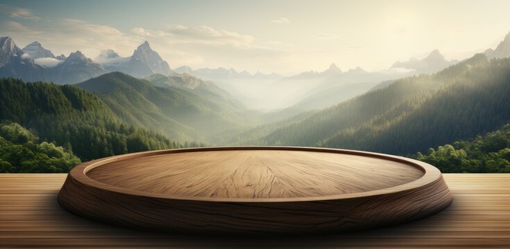 a wooden circular table overlooking some grassy mountains