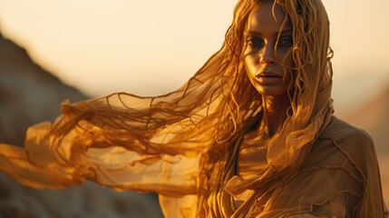 Woman in golden dress standing in desert.