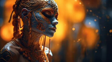A woman with orange and blue paint on her face, showcasing vibrant colors and artistic expression. - obrazy, fototapety, plakaty