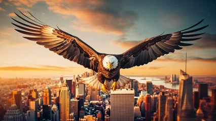 Muurstickers Bald Eagle flying over City, 3D Rendering © Mitch