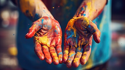 Photo of a teenager's hands covered in paint as they craft a public art installation in a sunlit high-key urban setting - obrazy, fototapety, plakaty