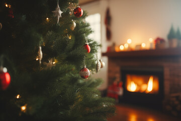 Christmas tree with lights and ornaments in front of a fireplace