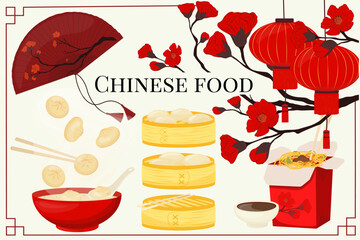 Chinese restaurant menu design.  dim sum.  Chinese dumpling in a bamboo steamer box. Vector  Illustration.   Noodles  and Chinese chopsticks. A fan with a branch of a flowering plum.  - obrazy, fototapety, plakaty