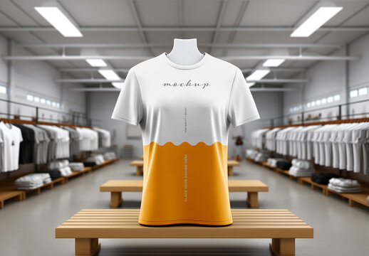 T-Shirt Mockup on Mannequin &ndash; Central Store Display with Folded Shirts and Modern Retail Interior