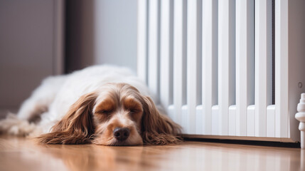 dog sleeps near a white radiator in the living room created with Generative Ai