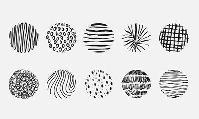 Set of round abstract backgrounds or patterns. Hand drawn doodle shapes. Spots, drops, curves, lines. Posters, social media icons templates. Contemporary modern trendy vector illustration for design