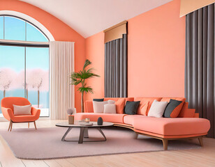Modern living room with color of the year 2024: Peach fuzz, delicate soft peach shade. Corner sofa with many pillows and a green plant near the sofa. Free for copy space.