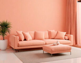 Modern living room with color of the year 2024: Peach fuzz, delicate soft peach shade. Corner sofa with three pillows and a green plant near the sofa. Free for copy space.