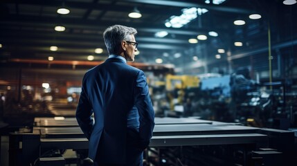 A man in a suit stands confidently in front of a bustling factory, exuding professionalism and authority.