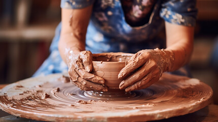Close up of female potters hands making bowl created with Generative Ai - obrazy, fototapety, plakaty