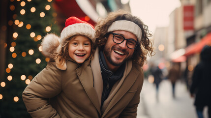 Fototapeta premium portrait of happy family in winter, father and son on christmas market, ai generated