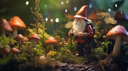 A gnome standing amidst mushrooms in a forest.