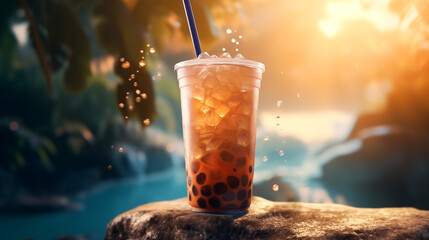 boba tea on tropical background
