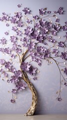 Enliven your space with a 3D wallpaper featuring a vibrant floral tree. Lavender flower leaves and a gleaming silver stem add vibrancy.