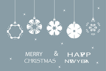 Merry Christmas modern card banner with hanging ball decorations. Merry Christmas and happy new year. Greeting text vector illustration