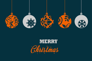 Merry Christmas modern card banner with hanging ball decorations. Merry Christmas and happy new year. Greeting text vector illustration
