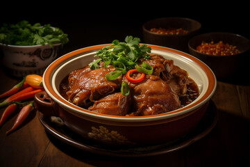 Taiwanese traditional food pork knuckle in a bowl with golden line for Chinese Lunar New Year meal. ai generative