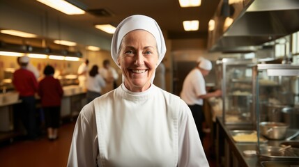 A nun in a traditional habit stands in a kitchen, ready to prepare a meal.